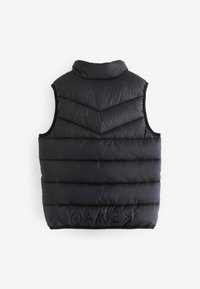 Melnā bez piedurknēm pūkaina veste ar augstu apkakli. Iezīmēta ar šaha raksta quilted dizainu un izšūtu "RAKER" detaļu apakšmalā. Gluda faktūra.
