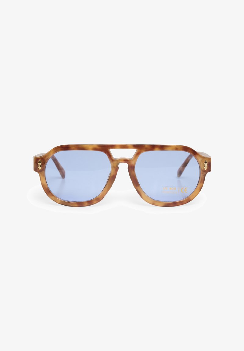 Tortoiseshell sunglasses with blue lenses, angular design, thick frame, and nose bridge cutout; features gold accent on the temple.