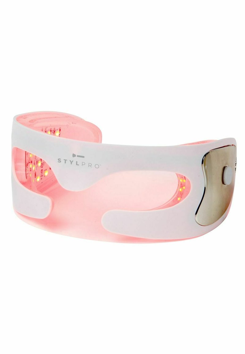 Appareil Stylpro, doté d'un corps blanc flexible avec des accents roses, de lumières LED intégrées et d'un bouton métallique sur le côté pour la fonctionnalité.