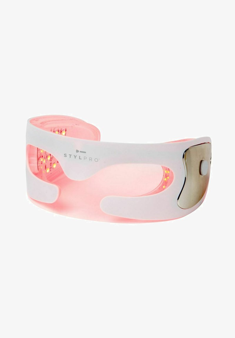 Stylpro-enhet, med en flexibel vit kropp med rosa detaljer, inbyggda LED-lampor och en metallknapp på sidan för funktionalitet.