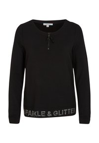 Czarna długorękawowa bluza z suwakiem, zdobiona kryształkami i napisem "SPARKLE & GLITTER" na dole. Gładka tekstura materiału.