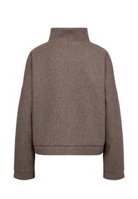 Pull-over marron en laine à manches longues avec un col haut et un ourlet droit, vu de dos sur fond blanc.