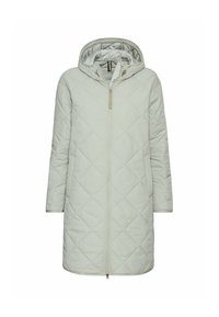 Lys grøn polstret jakke med hætte, diamantquiltet design, frontlynlås, to sidelommer og lange ærmer.