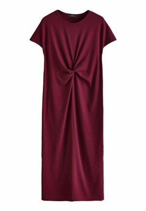 Robe midi bordeaux en tissu doux, dotée d'un détail noué à l'avant, de manches courtes et d'une silhouette décontractée.