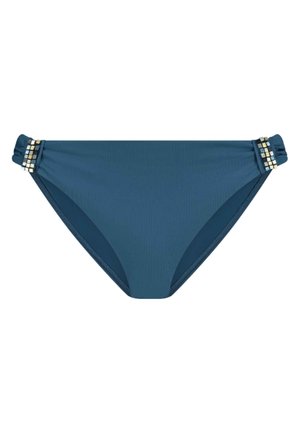Parte inferiore di bikini turchese con una texture rigata, caratterizzata da lati arricciati e dettagli hardware decorativi sui fianchi. Design classico a vita bassa.
