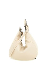 Borsa a tracolla in pelle beige con una forma unica, dotata di una sola tracolla e accessori in metallo. Texture morbida e dettagli di design minimali.