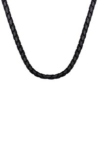 Fekete fonott bőr nyaklánc sima, lapos textúrával és kerek profillal, részletesen szőtt szálakkal díszítve.