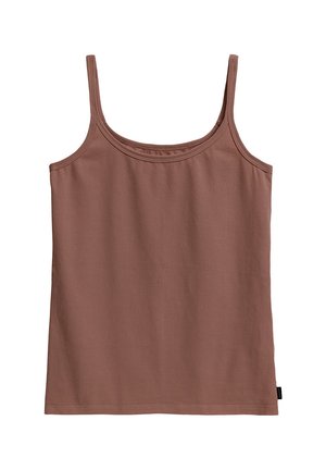 Brązowy prążkowany top bez rękawów z wąskimi ramiączkami i dekoltem w serek, pokazany na płasko na białym tle.