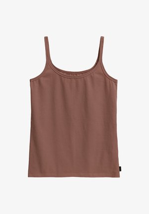 Brązowy prążkowany top bez rękawów z wąskimi ramiączkami i dekoltem w serek, pokazany na płasko na białym tle.