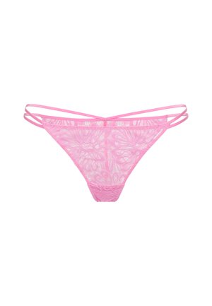 Ροζ δαντελωτό σλιπ με ανθικό μοτίβο, λεπτές λωρίδες στα πλάγια και υφασμένη ζώνη μέσης. Το κομμάτι αυτό διαθέτει ένα ευαίσθητο και διάφανο σχέδιο.
