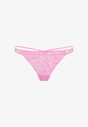 Rózsaszín csipkés tanga virágmintával, vékony oldalszíjakkal és texturált derékrésszel. Ez a darab finom és áttetsző kialakítású.