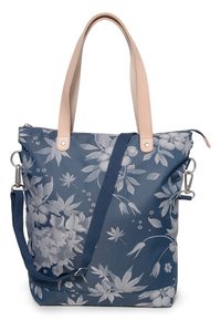 Blue floral bag made of fabric with light-colored leather accents. Features two top handles and an adjustable strap. Zipper closure.