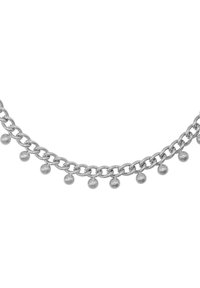 Collana in argento con perle tonde sospese dai collegamenti. La catena ha una finitura lucida con anelli uniformi.