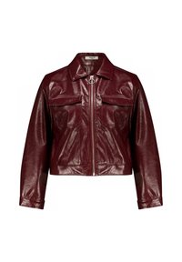 Veste en cuir synthétique bourgogne cropped avec fermeture à glissière à l'avant, col pointu et deux poches poitrine ; finition texturée et détails matériels minimalistes.