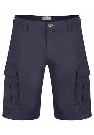 Navy blue cargo shorts made from lightweight material featuring side pockets, a button closure, and a casual, straight leg design.