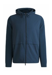 Marineblaue Zip-Jacke mit Kapuze, die einen glatten Oberkörper und strukturierte Strickärmel aufweist. Mit verstellbaren Kordeln und seitlichen Taschen.