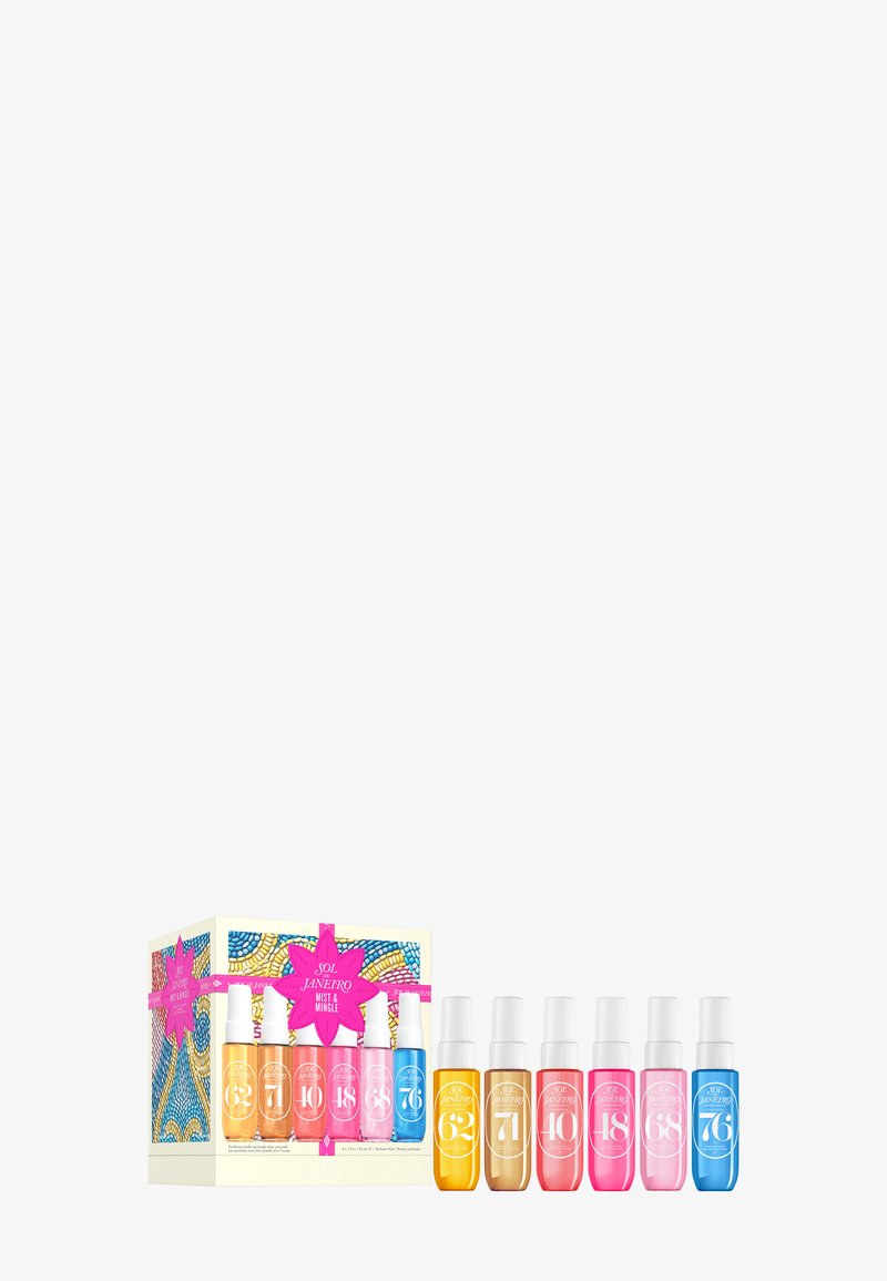 Set di otto flaconi spray colorati in diverse tonalità pastello, confezionati in una scatola quadrata con un design floreale e un'etichetta rosa brillante.