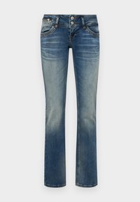 Faded blue jeans made of denim, featuring a straight leg design, two-button waistband, and subtle distressed detailing on the fabric.