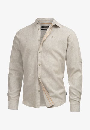 Lichtbeige lange mouwen overhemd met subtiele verticale strepen, een kraag en oranje details aan de binnenkant van de knopenlijst.