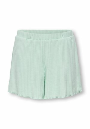 Light green ribbed fabric shorts with elastic waistband and scalloped hem, shown flat on white background.