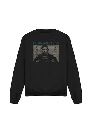 Black sweatshirt featuring a mugshot-style photo of Dean Winchester with height markings and police board on the front.