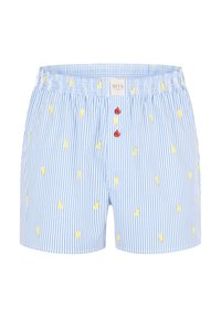 Blå och vita randiga kalsonger har små tryck av gula glasskoner, elastisk midja och två röda knappar fram.