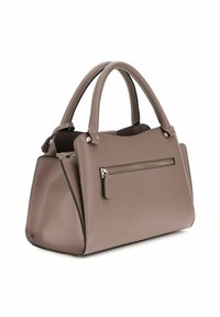 Sac à main beige avec deux poignées courtes, une poche zippée à l'avant, une texture en cuir lisse, un design structuré et des accents en métal doré.