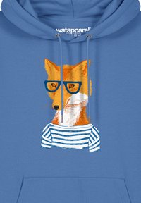 Kapuzenpulli in Himmelblau, mit einer illustrierten Katze, die eine blaue Brille und ein weiß-blau gestreiftes Shirt auf der Vorderseite trägt.