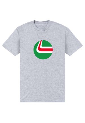 Szara bawełniana koszulka z krótkim rękawem i okrągłym zielonym logo z czerwonymi i białymi akcentami na środku przodu.