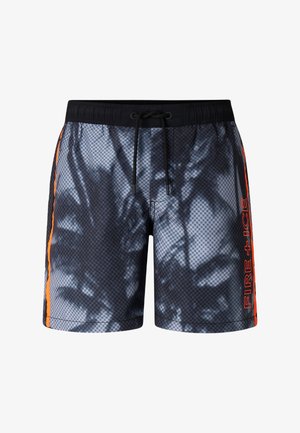 Heren zwembroek met een zwart-grijs geblokt patroon, een zwarte tailleband met trekkoord en oranje "FIRE + ICE" tekst op de zijstreep.