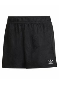 Svarta vävda träningsshorts med elastisk midja, med ett subtilt mönster och en silvrig Adidas-logotyp på nedre högra sidan.