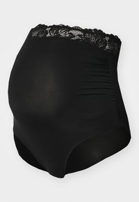 Zwart zwangerschapsondergoed met een kanten tailleband, gladde stof en zijrucheing voor comfort en rekbaarheid. Klassiek ontwerp met volledige dekking.
