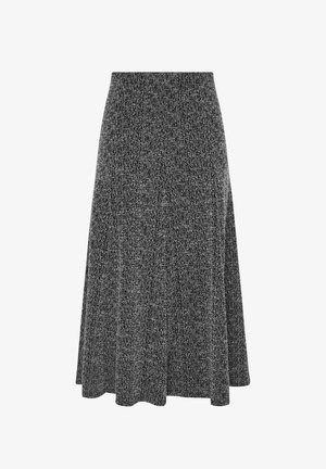 Mustavalkoinen, pilkullinen A-linjainen midi-hame, jossa on istuva vyötärö ja hienovarainen tekstuuri.