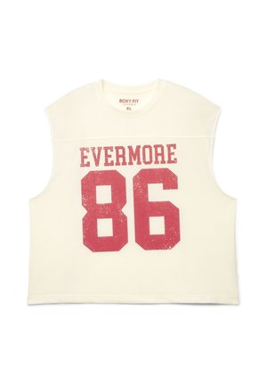 Maglietta sportiva smanicata bianca in rete con testo rosso "EVERMORE" e numero "86" sul davanti, etichettata Boxy Fit, taglia XL.