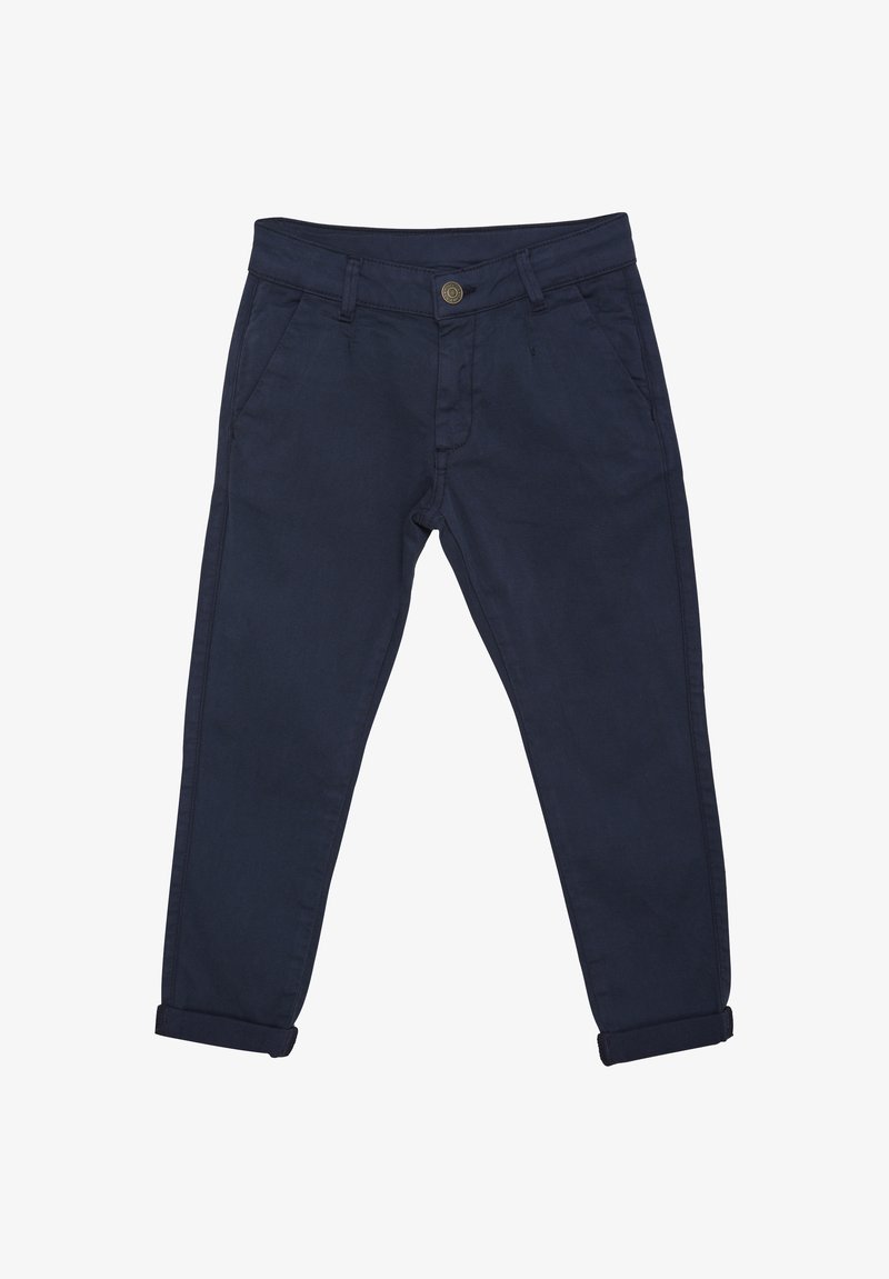 Sötétkék pamutnadrág egyenes lábbal, gombos záródással, két elülső zsebbel és felgöngyölített szegéllyel. Sima textúra minimális varrással.