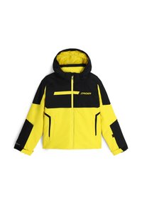 Gelb-schwarze Skijacke mit Reißverschluss, Kapuze und mehreren Taschen. Verfügt über Farbblockierung und ein Logo auf der Brust.