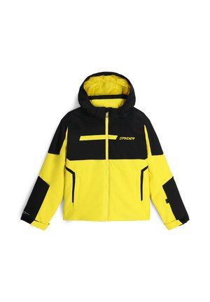 Giacca da sci gialla e nera con chiusura a zip, cappuccio e multiple tasche. Presenta un design a blocchi di colore e un logo sul petto.