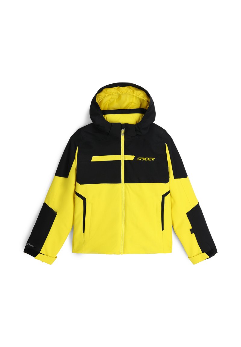 Gelb-schwarze Skijacke mit Reißverschluss, Kapuze und mehreren Taschen. Verfügt über Farbblockierung und ein Logo auf der Brust.