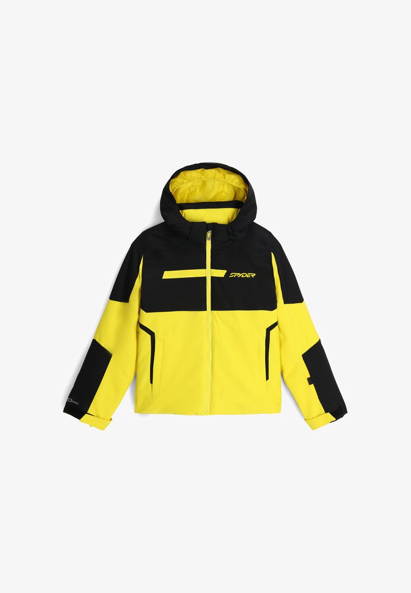 Gelb-schwarze Skijacke mit Reißverschluss, Kapuze und mehreren Taschen. Verfügt über Farbblockierung und ein Logo auf der Brust.