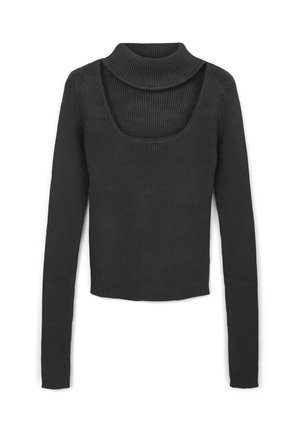 Maglietta a maniche lunghe a coste grigio scuro con colletto alto ripiegato e scollatura quadrata. Il tessuto ha un aspetto texturizzato e una moderata elasticità.