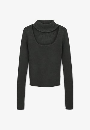 Maglietta a maniche lunghe a coste grigio scuro con colletto alto ripiegato e scollatura quadrata. Il tessuto ha un aspetto texturizzato e una moderata elasticità.