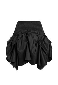 Mini-jupe noire avec fronces à la taille et un ourlet volumineux, drapé et asymétrique créant un effet texturé et froncé.