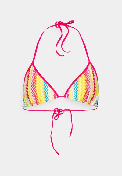 Trīsstūrveida bikini tops ar daudzkrāsainu zigzaga rakstu dzeltenā, rozā un zilā krāsā, ar rozā auklām kaklā un mugurā.
