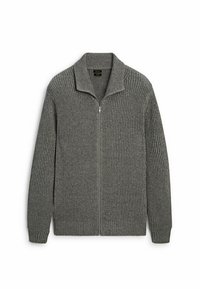 Cardigan grigio a coste con design con zip frontale, caratterizzato da un colletto a scialle e un tessuto a maglia testurizzato. Maniche lunghe con polsini aderenti.