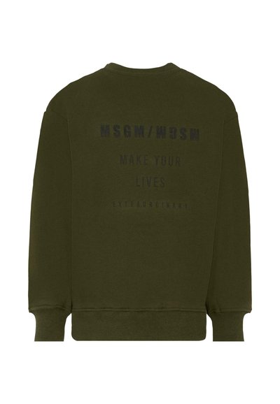 Olijfgroen sweatshirt met ronde hals, ribbel manchetten en zoom. Achterop de tekst: "MSGN/MWSG MAKE YOUR LIVES EXTRAORDINARY" in zwart.