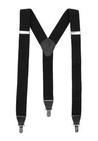 Czarne elastyczne szelki z teksturowanymi paskami, w kształcie litery Y, z regulowanymi klipsami i skórzanymi elementami w punktach mocowania.