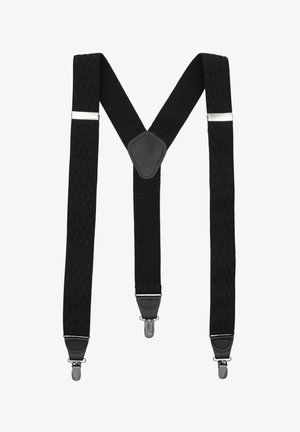 Czarne elastyczne szelki z teksturowanymi paskami, w kształcie litery Y, z regulowanymi klipsami i skórzanymi elementami w punktach mocowania.