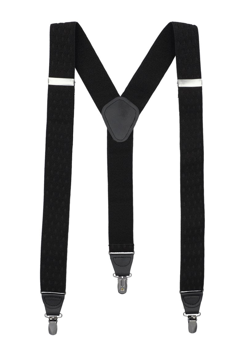 Czarne elastyczne szelki z teksturowanymi paskami, w kształcie litery Y, z regulowanymi klipsami i skórzanymi elementami w punktach mocowania.