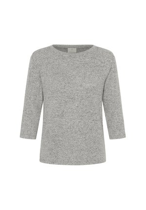 Haut gris à manches longues en tissu doux et texturé, avec un col rond et une coupe décontractée, présentant un léger motif chiné.