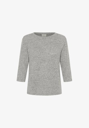 Haut gris à manches longues en tissu doux et texturé, avec un col rond et une coupe décontractée, présentant un léger motif chiné.